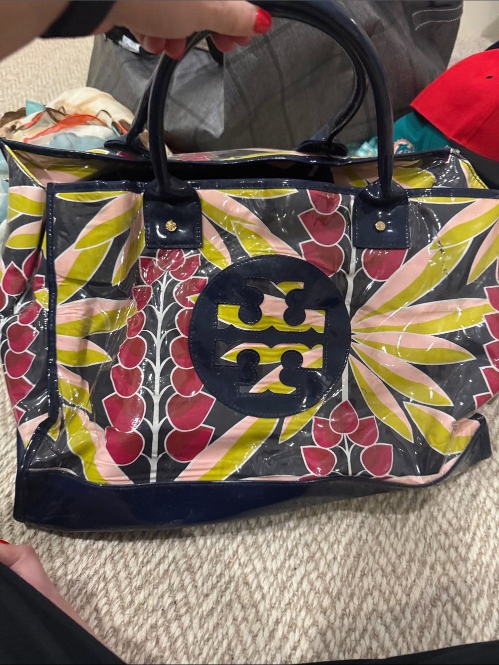 Tory Burch Glossy Floral Vinyl Tote in Navy, Pink & Olive